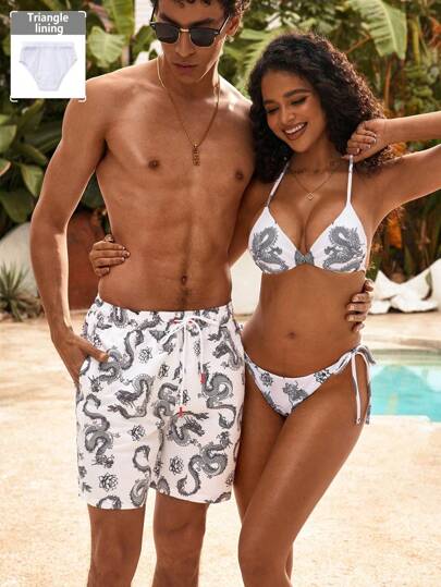 Manfinity VDAYZ Men's Beach Shorts Swimwear Drawstring Waist Front Tie Pocket Dragon Print Resort Casual Hawaiian, Couples Matching Swimwear All Over Print, Couple Bathing Suit Set, Beachwear Matching Couple, His And Hers Swim Suit Sets, Couples 20swimsuits 20sets