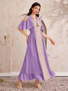 Al Najma Women's Elegant Sequin Embroidery Off Shoulder Arabian Style Dress - Purple - View 4