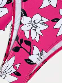 Swim Lushoire 3pcs/Set Women Summer Beach Floral Print Halter Bikini Set With Ruffled Edge + Cover Up + Mini Skirt, Random Print - Hot Pink - View 5