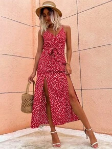 Breezaya Allover Print Slit Hem Belted Cami Dress Maxi Vacation Beach Outfits Women - Red - View 3