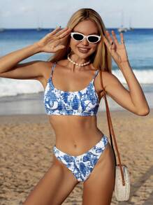 Women Summer Vacation Beachwear 2 Pieces Bikini Set, Random Blue&White Print With Spaghetti Straps - Blue and White - View 6