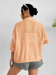 SHEIN PETITE Spring White Solid Batwing Sleeve White Shirt - Pink - View 2