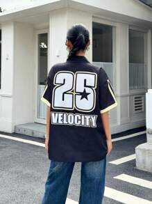 SHEIN Teen Girl Contrasting Color Letter Graphic Loose Fit Turn-Down Collar Short Sleeve Shirt