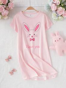 Young Girl Cute Rabbit Expression Graphic Short Sleeve Long Nightgown, Comfy Sleepwear & Matching Family Set - Pink - View 1
