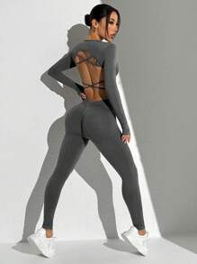 Slayform 女士纯色圆领长袖短款修身 T 恤和紧身裤休闲两件套健身女士套装 - 灰色 - 查看 6