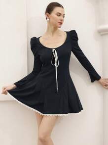 SHEIN Unity Französischer aristokratischer Stil Kontrast Farbe Krawatte Vorne & Gerüschter Saum Puffärmel Romantisch Süß Slim Mini Kleid, vielseitig für Date/Events - Schwarz - Übersicht 6
