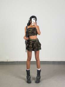 SHEIN Teen Girls Spring/Summer 2pcs/Set Y2K Camo Print Cropped Tube Top And Super Mini Skirt