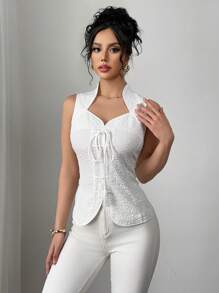 Elenzga Classic Solid Color Textured Mandarin Collar Cinched Waist Front Tied Camisole - White - View 5