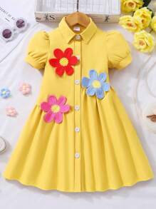 SHEIN 年轻女孩碎花领前开泡泡袖夏季休闲连衣裙 - 黃色 - 查看 1