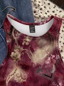 SHEIN EZwear 休闲简约复古波西米亚风图案圆领修身女式背心，适合夏季 - 白色 - 查看 4