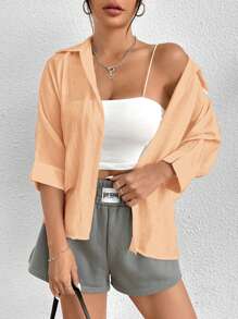 SHEIN PETITE Spring White Solid Batwing Sleeve White Shirt - Pink - View 4