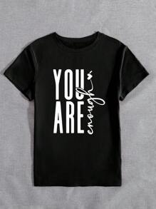 INAWLY You Are Enough 图案 T 恤，女士圆领短袖休闲上衣，双面印花设计，适合春夏日常穿着 - 黑色 - 查看 3