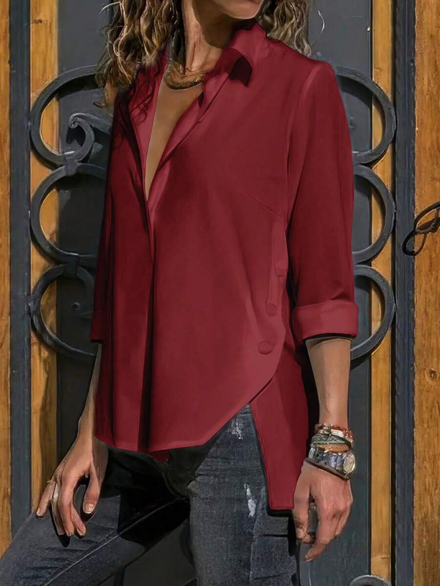 Chiquease Women 3/4 Sleeve Button-Front Solid Color Blouse, Casual For Beach And Holiday - Burgundy - View 1