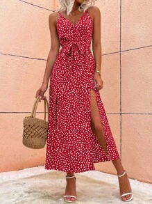 Breezaya Allover Print Slit Hem Belted Cami Dress Maxi Vacation Beach Outfits Women - Red - View 7