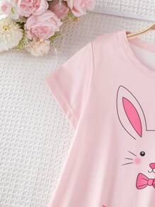 Young Girl Cute Rabbit Expression Graphic Short Sleeve Long Nightgown, Comfy Sleepwear & Matching Family Set - Pink - View 4