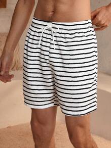 Manfinity VDAYZ Men's Striped Drawstring Waist Casual Beach Shorts - Black and White - View 6