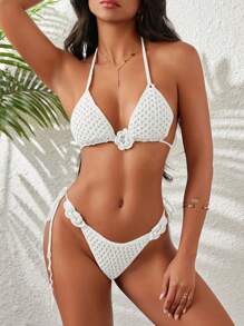 SHEIN Swim 2 件套女士夏季镂空钩针性感比基尼套装带罩衫 - 白色 - 查看 5