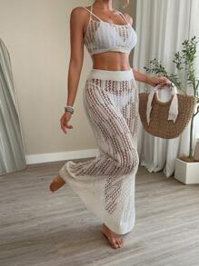 SHEIN Swim 2pcs/Set Women Summer Outfits, Crochet Hollow-Out Cropped Camisole Top And Long Maxi Skirt, Beachwear Bikini Coverup - White - View 6