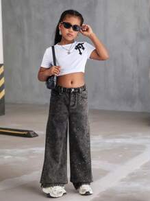 SHEIN Preteen Girls' Grey Rhinestone Embellished Straight Leg Jeans - Dark Grey - View 3