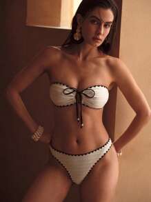 MOTF PREMIUM CONTRAST BINDING KNOT BIKINI SET FOR SUMMER BEACH VACATION - Black and White - View 1