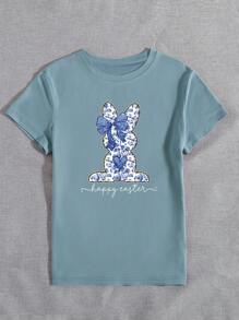 INAWLY Happy Easter Pattern Blouse, Round Neck Short Sleeve Graphic Printed Women Casual Top, Rabbit, Floral, Bow Design