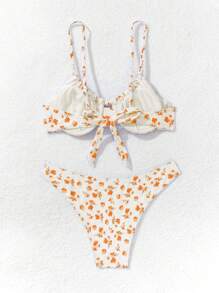 Swim Mod Women's Summer Beach Ditsy Floral Tie Front Sexy Bikini Set - Orange - View 4