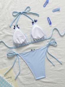 Swim Mod 女士甜美条纹印花配可爱蝴蝶结点缀吊带比基尼套装 - 彩色 - 查看 7