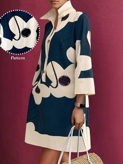 SHEIN LUNE 1pc Women Random Print Button Front Long Sleeve Midi Dress, Commuting Style