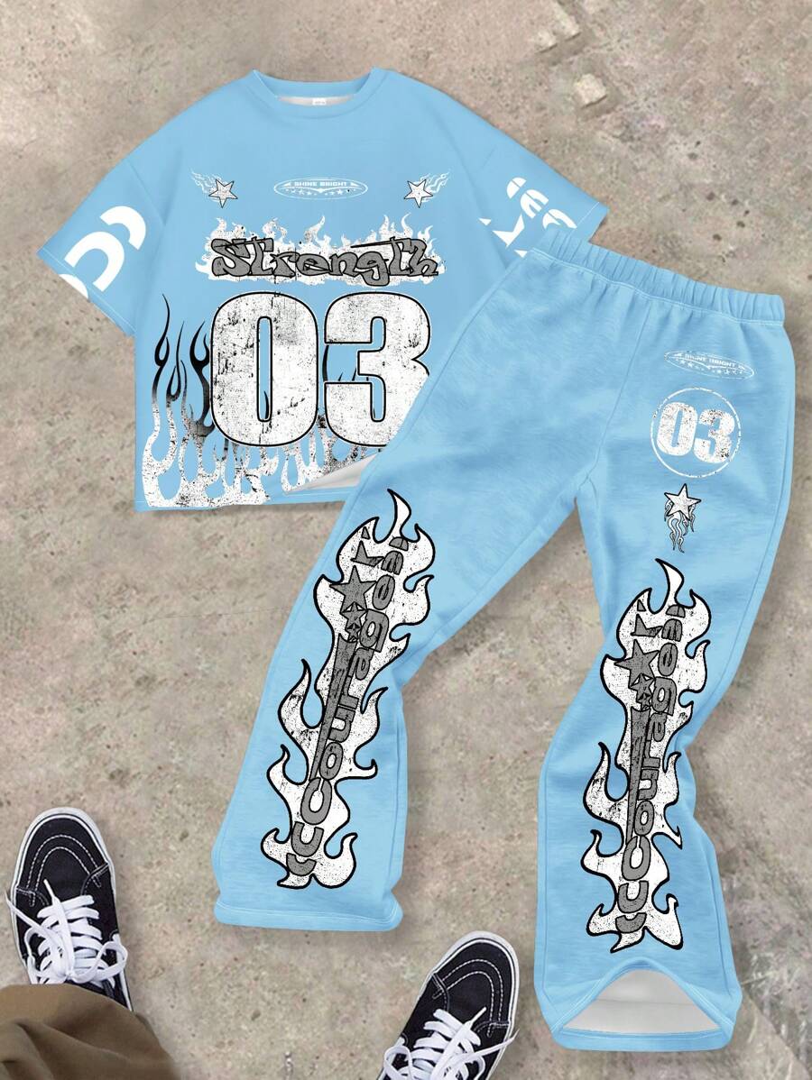 SHEIN 两件套：青少年男孩 Polo 领 T 恤和喇叭裤，夏季休闲装 - 彩色 - 查看 1