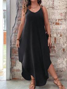 SHEIN LUNE 加大码纯色度假休闲连衣裙，带弧形下摆，超长女装