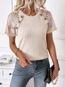 SHEIN LUNE Women's Summer Casual Knit Textured Floral Lace Button Accent Raglan Sleeve Fitted Crew Neck T-Shirt, Suitable For Daily Casual Life, Travel, Vacation, Countryside, Bohemian, Rural Style - Apricot - View 3