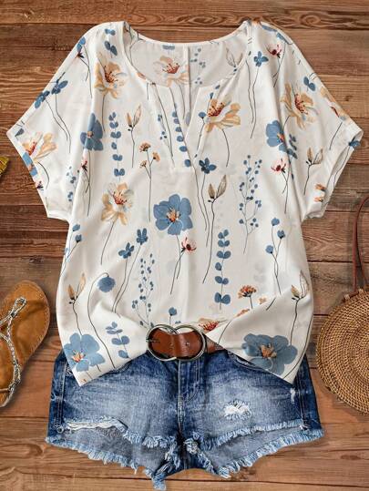 Linhara Plus Size Women Floral Print V-Neck Batwing Sleeve Blouse