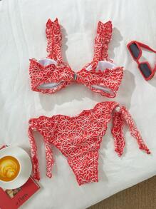 Swim Mod Jacquard Thick Strap Wireless Crop Top And Side Tie Swim Bottom, Cute Women 2 Pieces Swimwear Summer Beach Outfits - Red and White - View 7