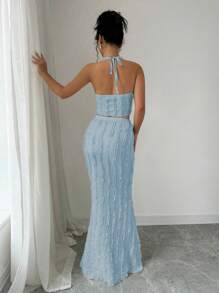 Rafferiza 2pcs/Set Women's Sleeveless V-Neck Twist Front Halter Cut-Out Back Fish Tail Dress - Baby Blue - View 2