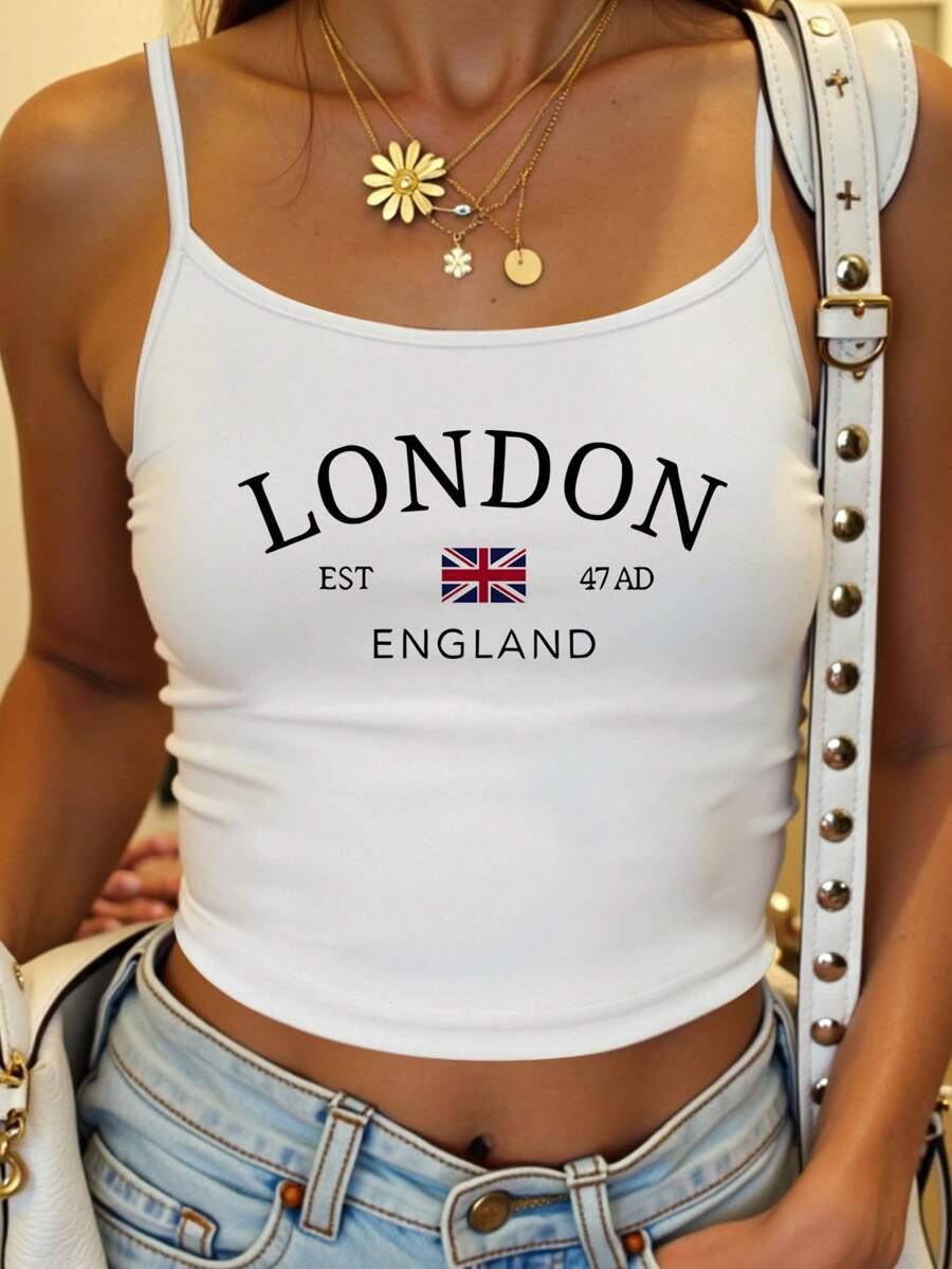 SHEIN EZwear 女士伦敦口号和英国国旗印花图案性感贴身吊带背心