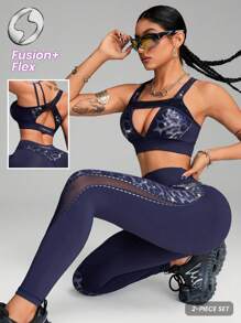 Innovista Women Activewear 2in1 Sets,Foil Print Sports Bra & Leggings Navy Blue,Summer Athleisure Gym 2pieces Workout Outfits,Hollow Out Mesh Yoga Shapewear - Navy Blue - View 6