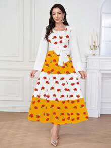 Al Najma Women's Colorblock Round Neck Puff Sleeve Dress With Belt, Elegant Comfortable Arabic Floral Print Polyester Dress, Suitable For Ramadan, Home, Outing, Party, Ramadan Traditional Clothing