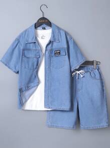 2 Stücke/Set Stylisches Jungen Outfit aus Denim, Kurzarm Hemd & Denim Shorts