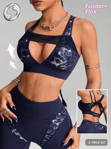 Innovista Women Activewear 2in1 Sets,Foil Print Sports Bra & Leggings Navy Blue,Summer Athleisure Gym 2pieces Workout Outfits,Hollow Out Mesh Yoga Shapewear - Navy Blue - View 4