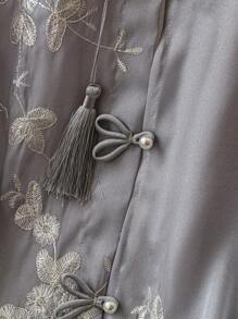 SHEIN Clasi Floral Embroidered Stand Collar Button Up Elegant Long Sleeve Blouse Women Shirt Fall Cloth For Women - Grey - View 4