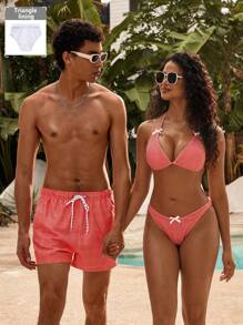 Manfinity VDAYZ Men's Beach Shorts Couples Matching Swimwear Drawstring Waist Front Tie Pocket Plaid Resort Casual, Matching Swimwear For Couples Red, Beachwear Matching Couple, Couple Matching Swim Wear, Couple Bathing Suit Set, His And Hers Swim Suit Sets