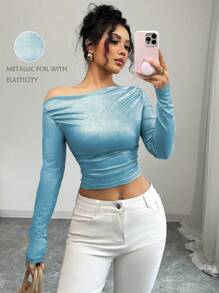 Elenzga Valentine's Day Asymmetrical Neck Ribbed Foil Print Tight Fitted Cropped Long Sleeve T-Shirt For Women, Spring/Summer