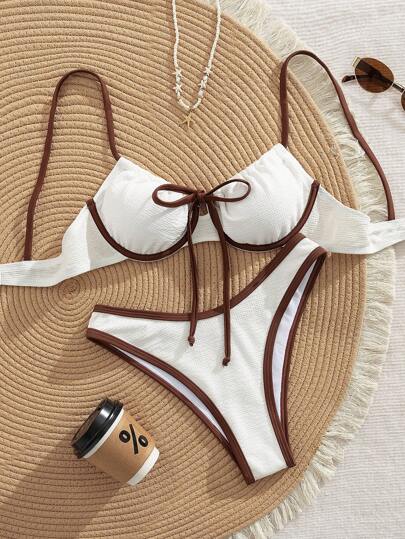 Swim Mod 2 piezas Bikini de mujer con sujetador con textura, copa suave y aros, con almohadillas removibles, con acento de lazo, simple y sexy