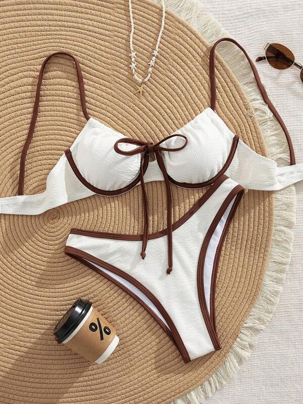 Swim Mod 2 Pieces Women's Textured Fabric Soft Cup Underwire Swimwear With Removable Pads, Bow Accent, Simple & Sexy Bikini Set