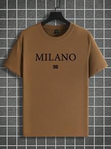 Manfinity Homme Men's Letter Print Round Neck Short Sleeve Casual Versatile T-Shirt - Brown - View 6