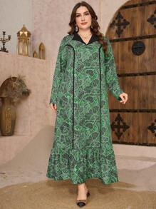 Al Najma Loose A-Line Collar Plus Size Arabian Dress, Fashionable - Green - View 3