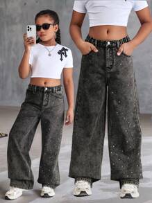 SHEIN Preteen Girls' Grey Rhinestone Embellished Straight Leg Jeans - Dark Grey - View 1