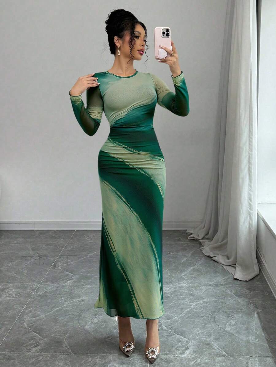 Graceveil Elegant Round Neck Mesh Floral Print Women Dress, Spring/Summer - Multicolor - View 1