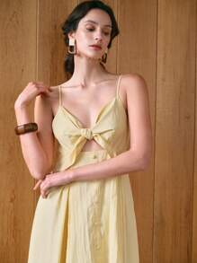 Breezaya 女士细肩带系腰纽扣优雅中长连衣裙 - 黃色 - 查看 5