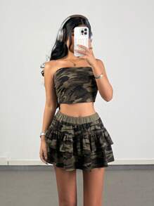 SHEIN Teen Girls Spring/Summer 2pcs/Set Y2K Camo Print Cropped Tube Top And Super Mini Skirt